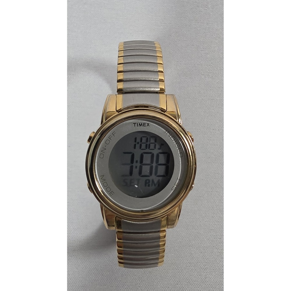 Timex Women's Vintage Digital LCD Watch Gold Two Tone Stretch Band Retro Modern